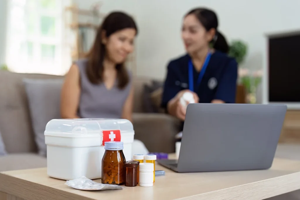 woman consults healthcare professional at home