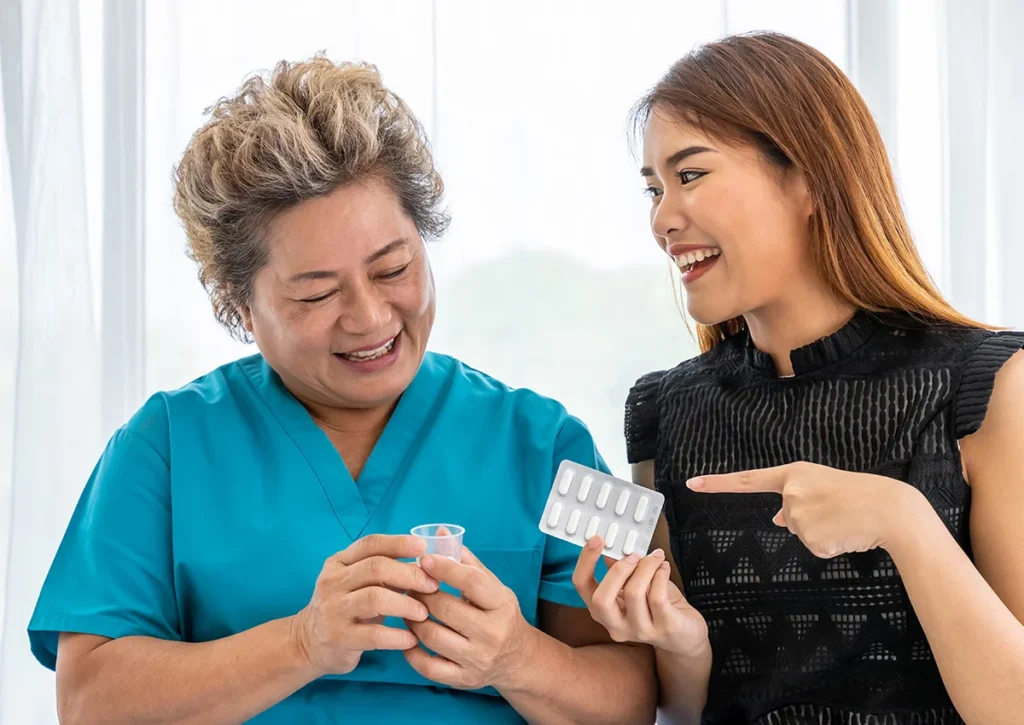 young asian female daughter visit elderly senior